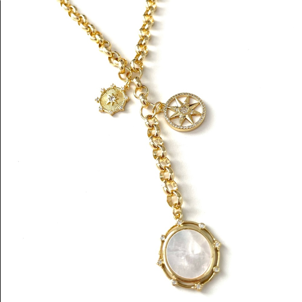 Chunky Rolo Belcher Chain Pearl Coin Pendant Charm Necklace CZ Shell Medallion